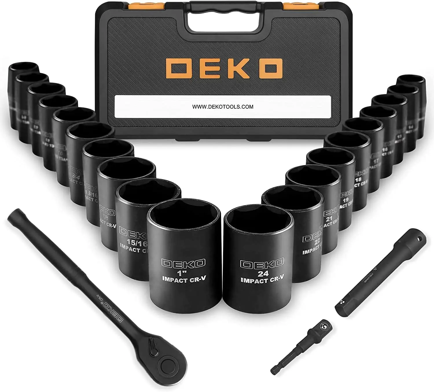 DEKO 1/2-Inch Impact Socket Sets, 23 Pieces Drive Socket Set Mechanic Tool Set with 72 Teeth Reversible Ratchet, 1/2