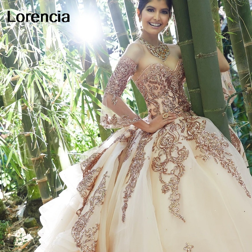 Customized Rose Gold Quinceanera Dress Detachable Sleeve Lace Applique Beading Mexican Sweet 16 Dress Vestidos De 15 Años YQD802