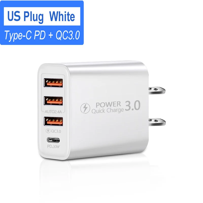 EU/US Type C USB Quick Charger 4 Ports 3.0 PD Cell Mobile Phone Power FAST Adapter For iPhone Samsung Xiaomi White