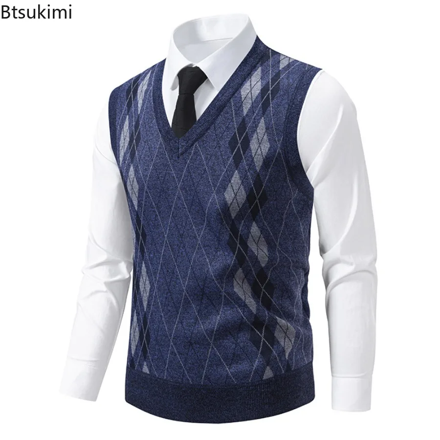 New Fashion Men's Knitted Pullover Vest Business Casual V Neck Sweater Vest Autumn Winter Knit Warm Slim Waistcoats Men Clothing