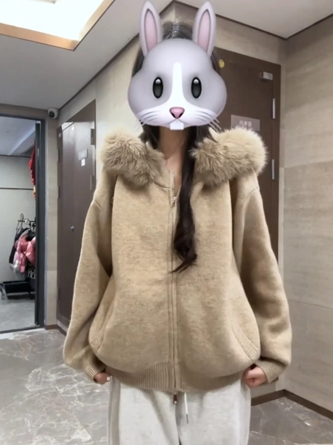

Women's Zipper Hooded Knitwear Coat Big Fur Collar Thi Winter Outerwear Soft Comfy Top Korean Drama Main Character Sle