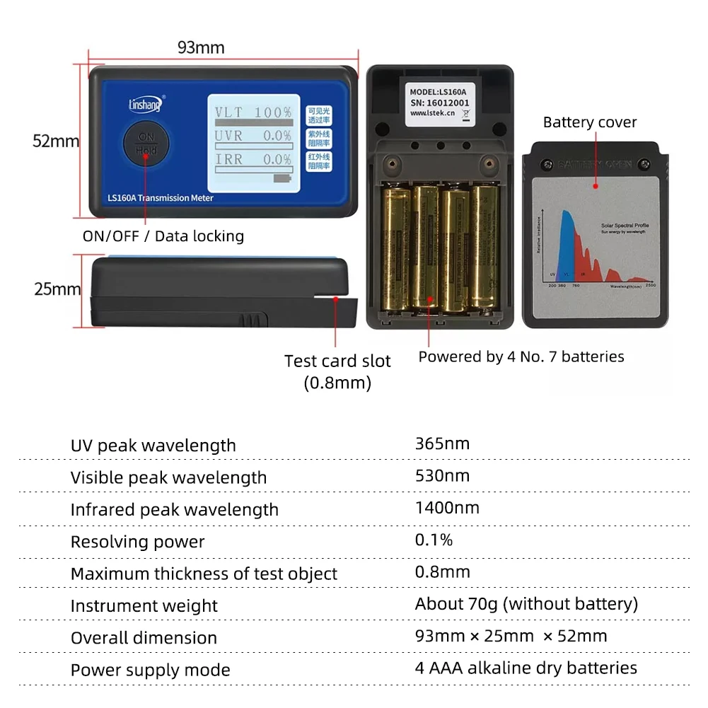Handheld 3 In1  Window Film Solar Film Transmission Meter With UV IR Light Transmittance Tester