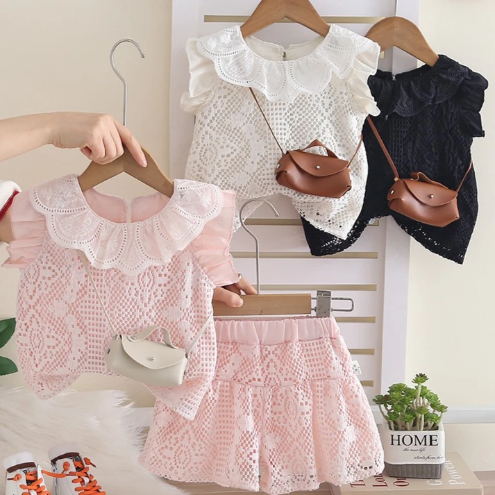 Girls' Set 2026 Spring and Summer New Children's Wear Korean Style Girl Baby Foreign Hollow Lapel Sleeveless Two-piece Set