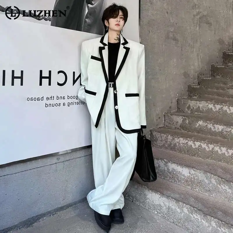 LUZHEN Patchwork Color Contrast Design Korean Trendy Suit Jackets Two-piece Sets Elegant Trendy Handsome Straight Pants LZ3563