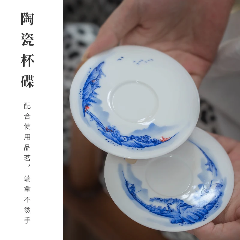 Jingdezhen High-End Jade Porcelain Hand Painted Blue and White Landscape Tea Cup One Cup One Dish Porcelain Kung Fu Tea Set Tea