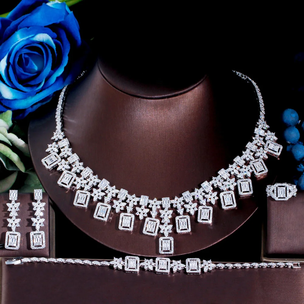 ThreeGraces 4pcs Luxury Shiny Cubic Zirconia African Dubai Bridal Wedding Prom Night Jewelry Set for Women Accessories TZ726