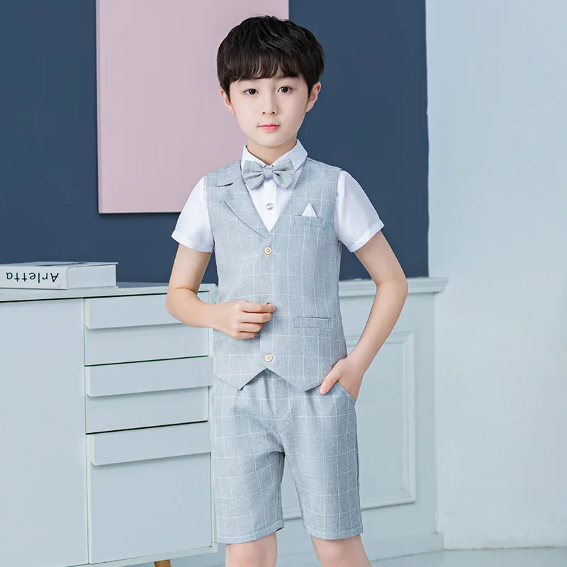 

2022 Boys Summer Suit Set Kids Tuxedo Vest Pants Short Sleeve Shirt Children Wedding Performance 4 Pieces Top Shorts Set