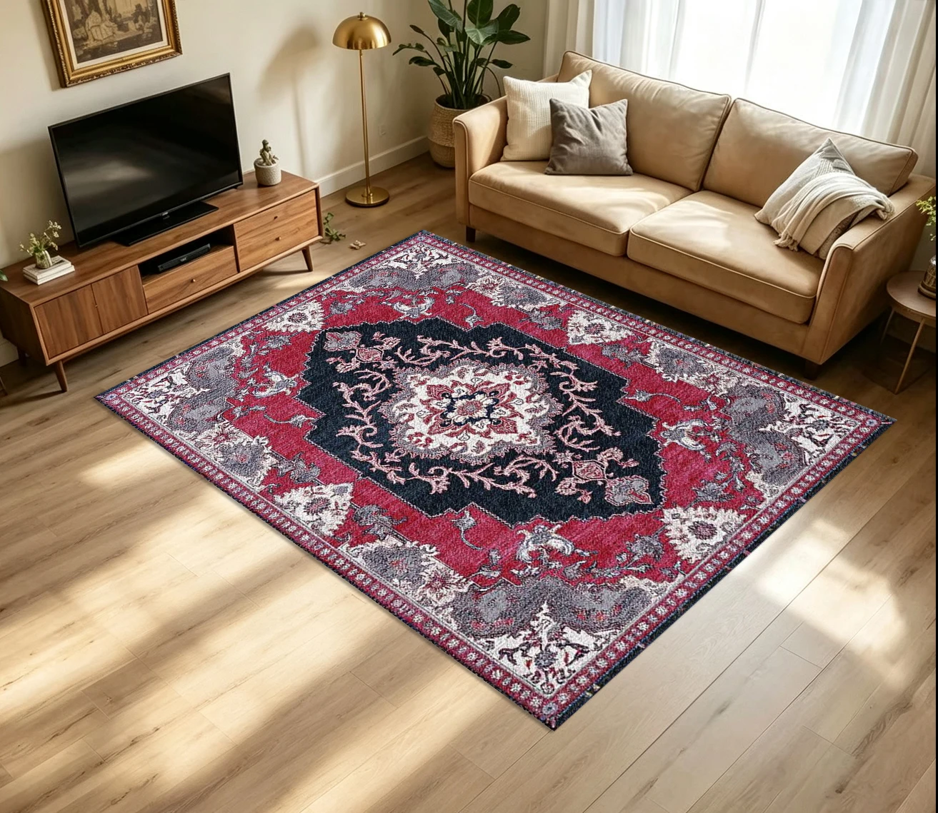 Vintage Oriental Red Black Medallion Carpet Flooring Traditional Persian Floral Scroll Ornament Printed Floor Rug for Household Indoor Home Decoration