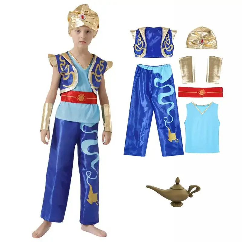 Kids Adult Boys Arabian Prince Cosplay Aladdin Costume Party Performance Vest With Pant Fancy Dress Up