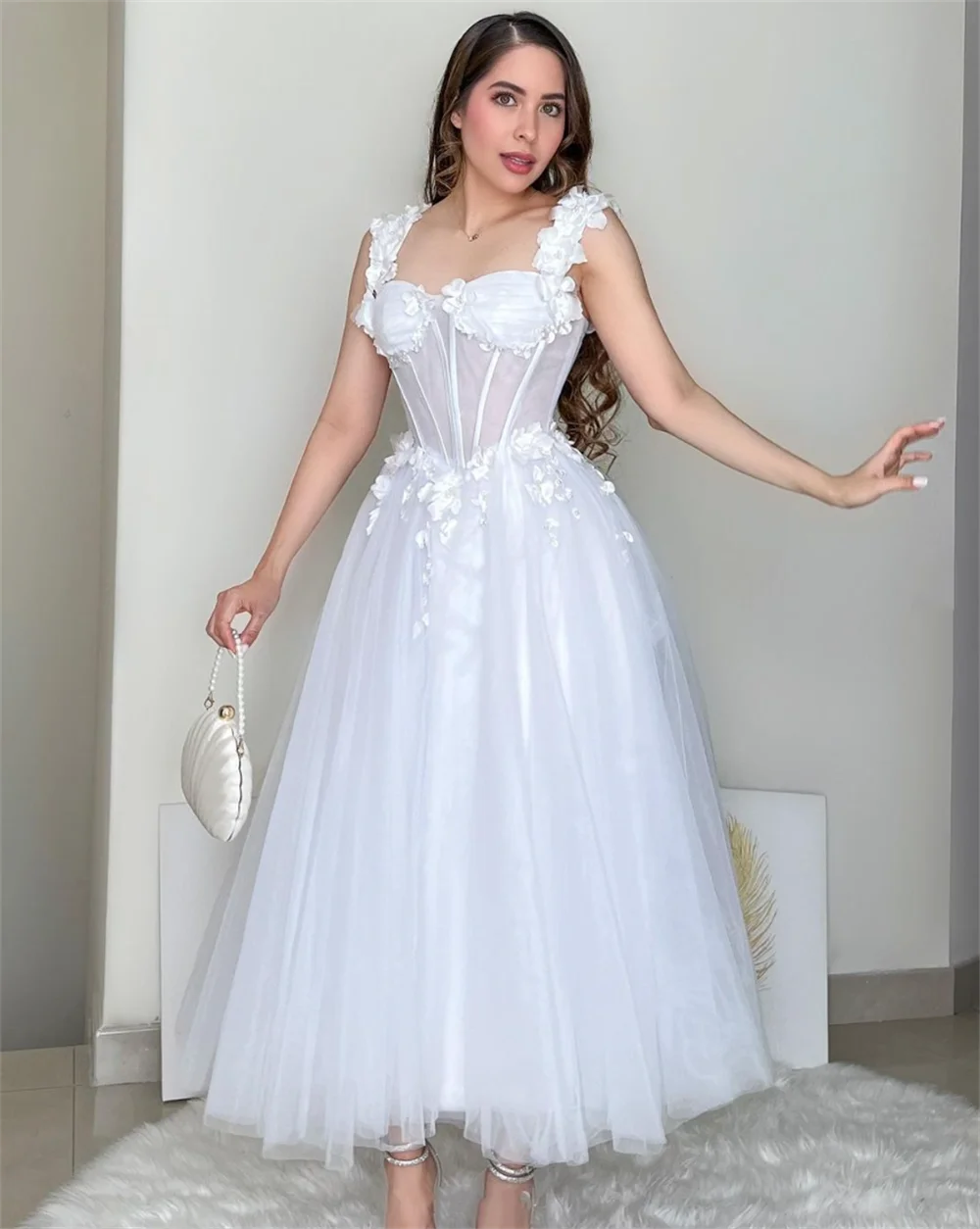 Jessica White Princess Prom Dresses 3D decals Fairy Evening Dresses Women\'s Wedding Dress Formal Party Dresses Vestidos De Noche