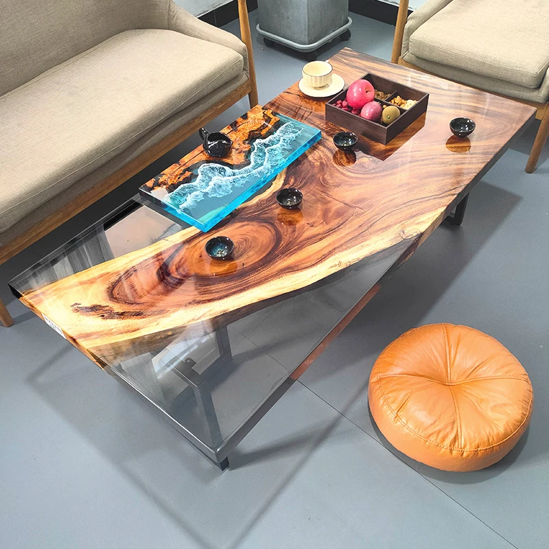 Resin tea table and chair combination epoxy transparent crystal river large board resin glue running water wooden coffee table