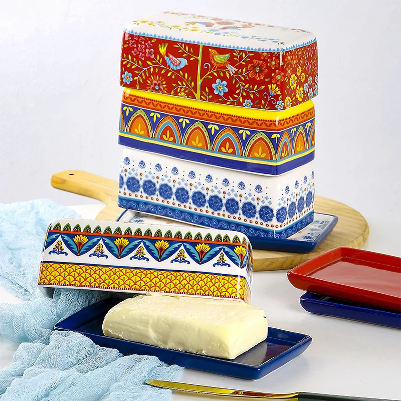 Ceramic Butter Box with Lid Dish Cheese Plate Dessert Cake Pan Tray Dim Sum Fruit Bowl Snack Plates