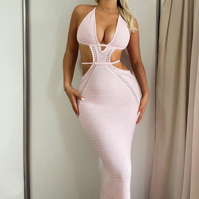 مثير نمط الجوف خارج عارية الذراعين ربط فستان المرأة عطلة الشاطئ بحر التستر الحياكة الشمس الاستحمام واقية من الشمس فستان طويل