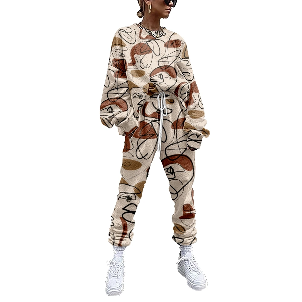 

Women Tracksuit 2 Piece Outfit Sweatshirt+Straight Sweatpants Matching Set Abstract Art Painting Fitness Sporty Streetwear 8