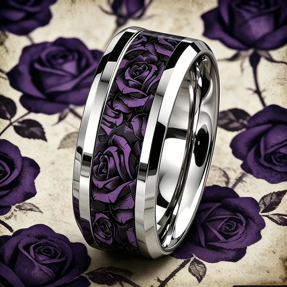 Romantischer Edelstahlring für Damen und Herren mit Dunkelvioletter und Schwarzer Rosenblütenmuster, Gotischer Blumen-Statement-Ehering, Schmuck – Detail 2