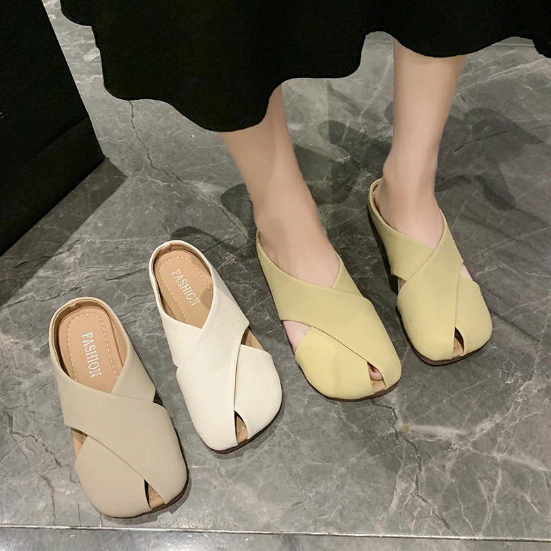 New Leather Slippers Women Spring Summer Mules Shoes Square Toe Flat Sandals Casual Shoes Zapatos De Mujer