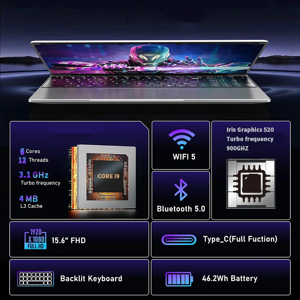 Fingerprint Unlock Notebook Windows 11 Portable Laptop  Core i9-10980HK/i9-9900U 15.6 Inch 16GB RAM 1TB SSD Office Computer