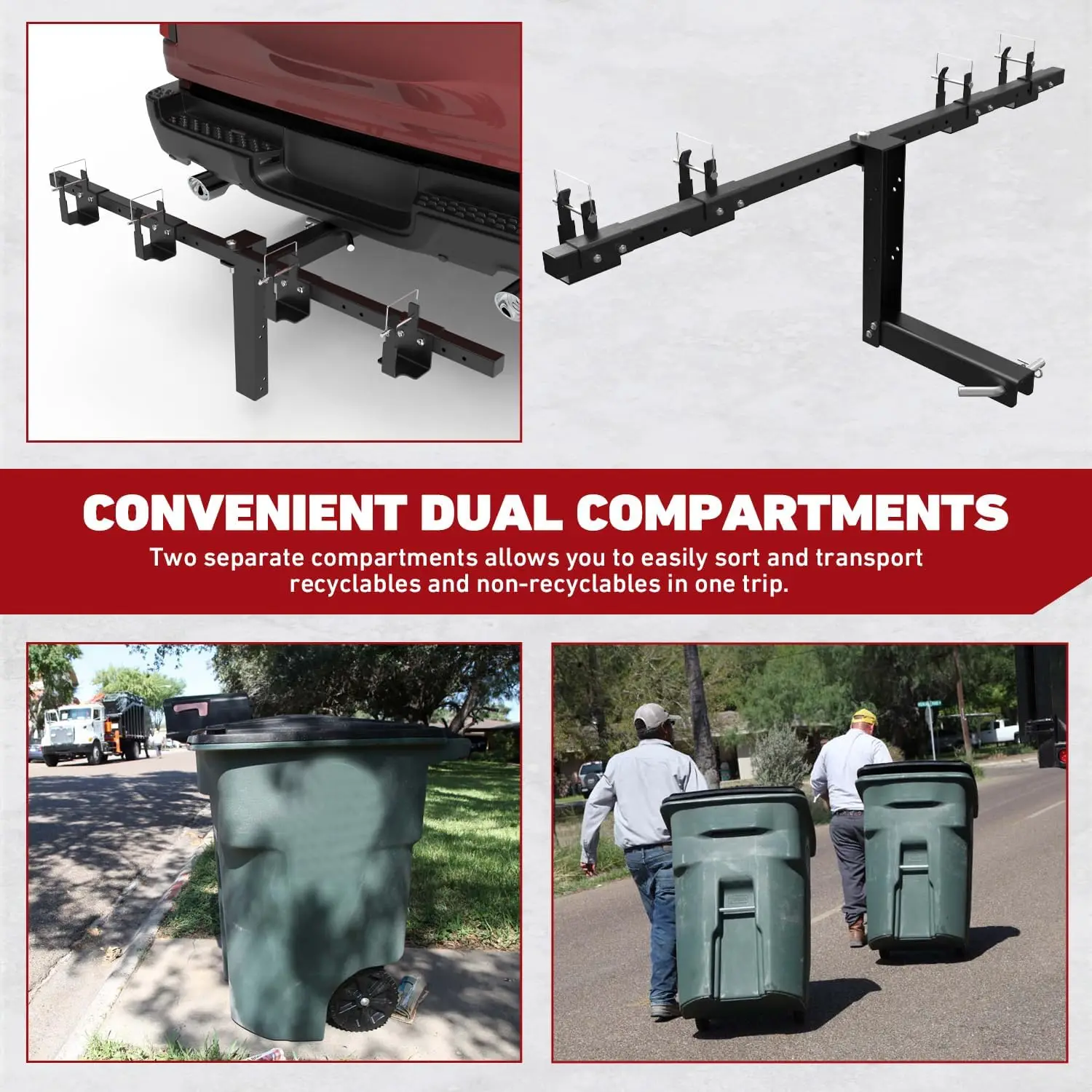 حامل سلة المهملات المزدوج مع جهاز استقبال 2 بوصة للشاحنة، عربة الجولف، ATV، UTV - مقطورة سلة المهملات بعجلات #3