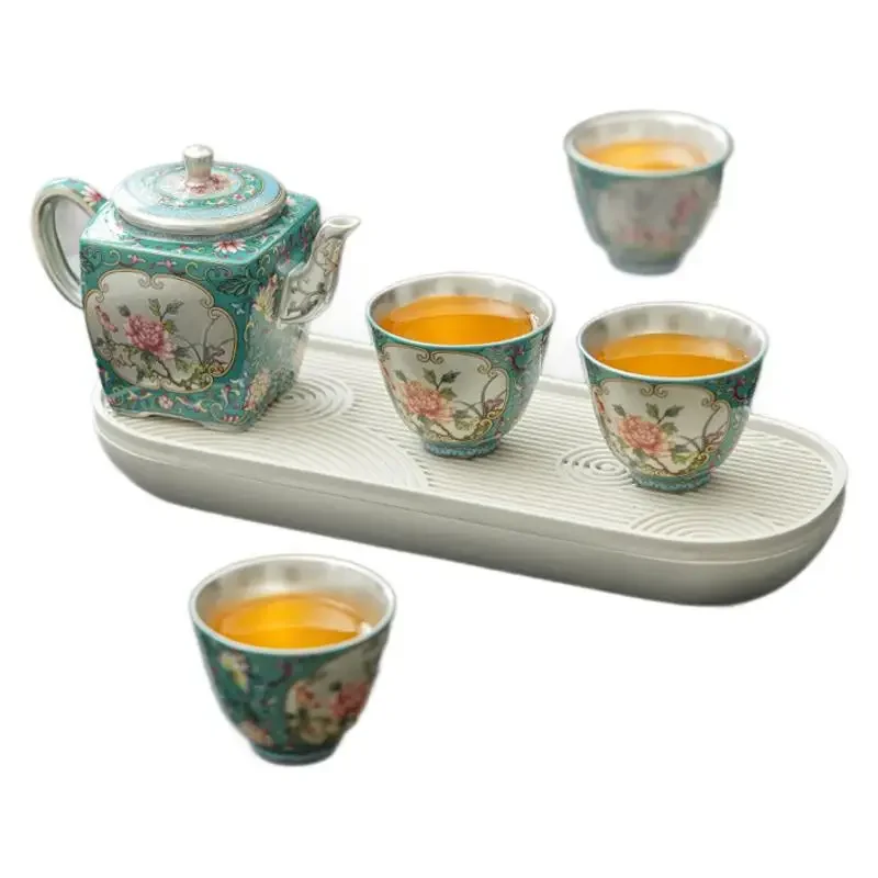 Unique Camping Tea Ceremony Set Luxury Tea Tools Gilt Silver Tea Set Enamel Kung Fu Tea Set Teapot One Pot Four Cups Gift Box