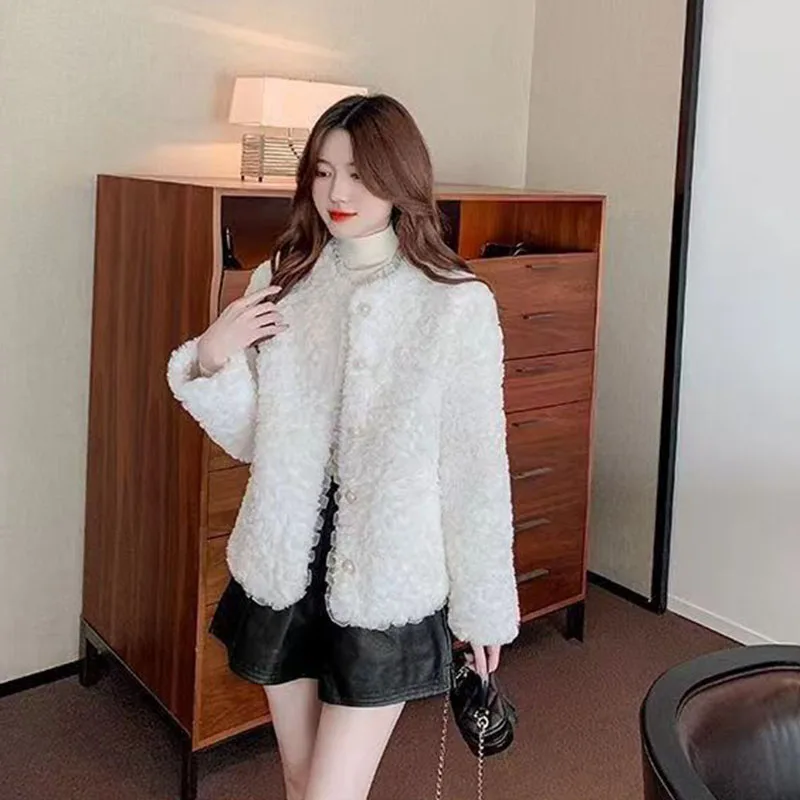 2025 신상 레이스 스플라이스 양털 재킷 여성 가을 겨울 한국 숏 인조 모피 코트 여성 싱글 버튼 화이트 플러피 아우터