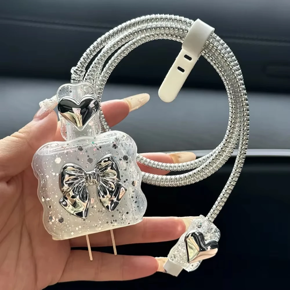 Glitter 3D Love Heart Wave Border USB Cable Protector Cover For iPhone 18W/20W Data Line Bite Head Cord Fast Charging Case