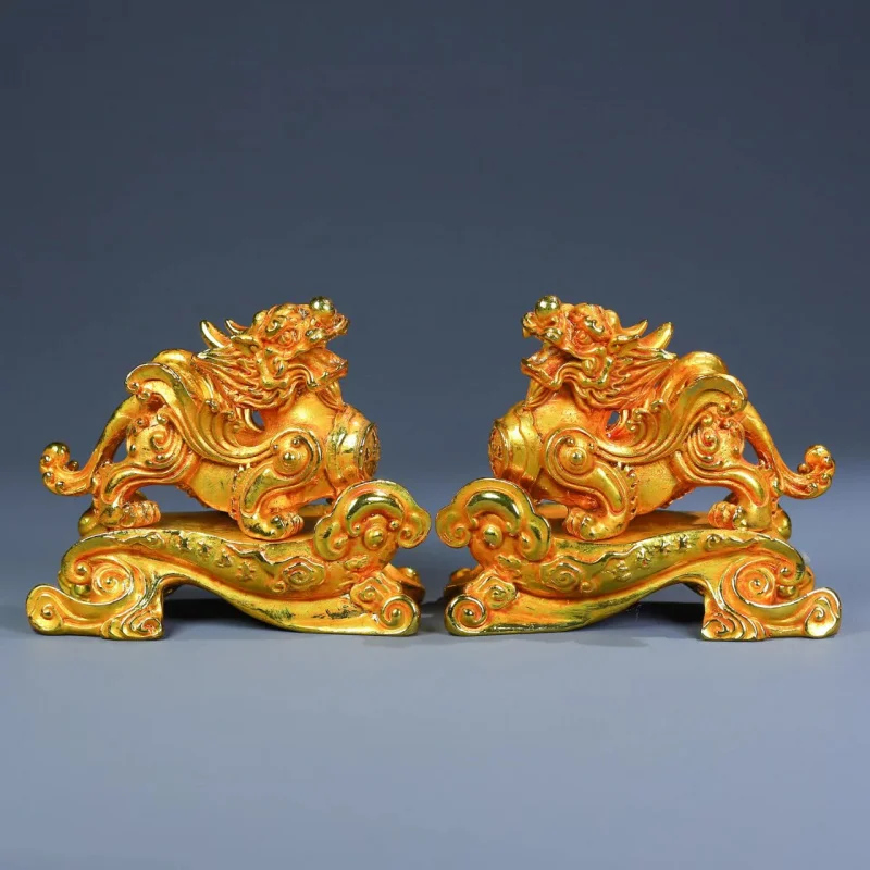 Wholesale Antique Bronze Gilding Vintage KIRIN Lion Ornaments a Pair of Home Desktop Decoration Crafts