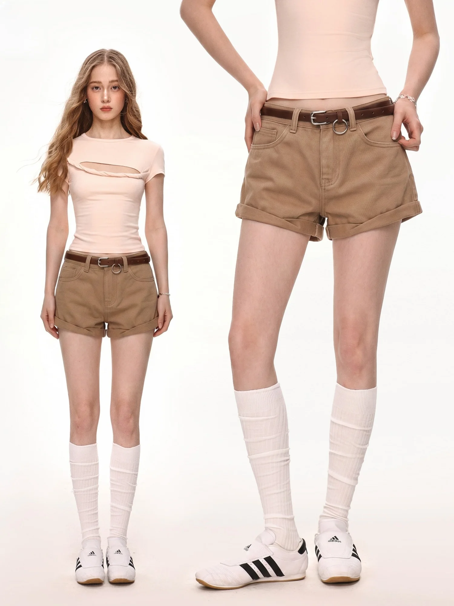 

Low Waist Bell Bottom Denim Shorts Women's Summer Slimming Hot Pants American Retro Style Loose Fit Khaki Color Straight Leg