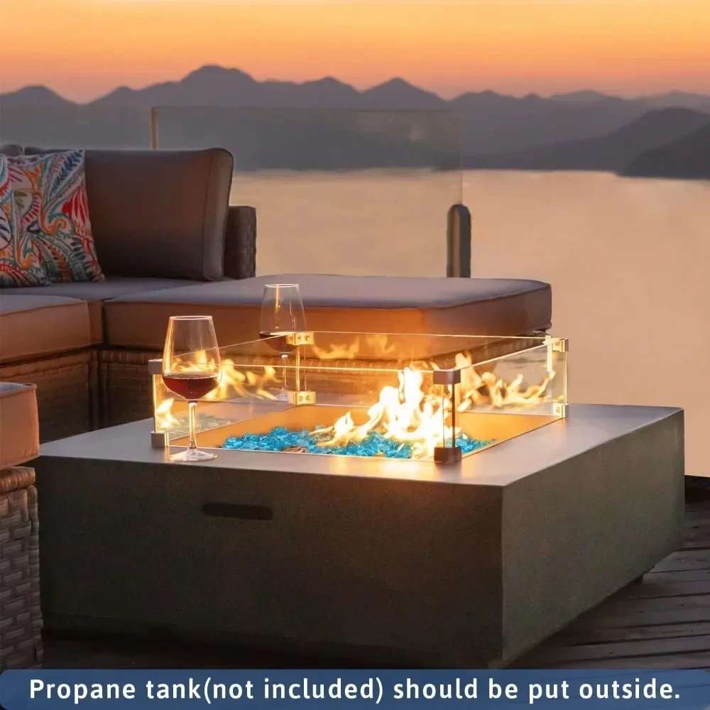 Outdoor Propane Fire Pit Table，50,000 BTU Stainless Steel Burner, Aqua Blue Fire Glass and Rain Cover, Metal Lid，Fire Pit Table