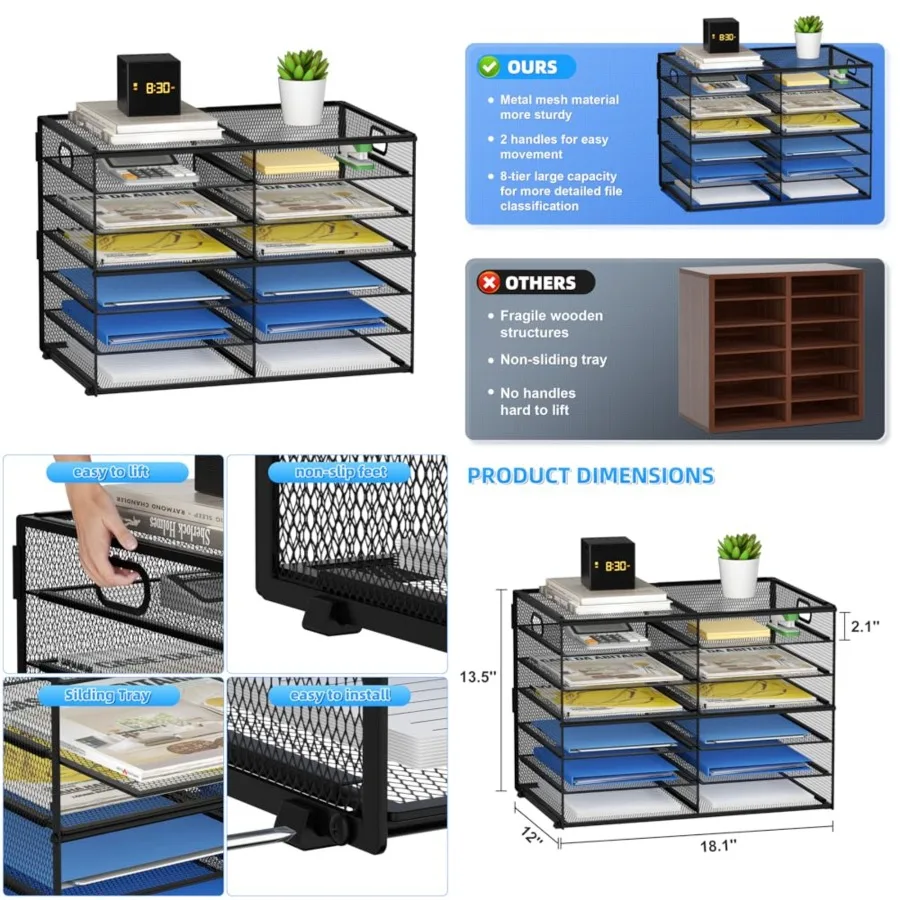 

12 Compartments Paper Organizer for Desk, Mesh Literature Organizer, Mail File Sorter Tray with Handle, Desktop Mailbox for Off