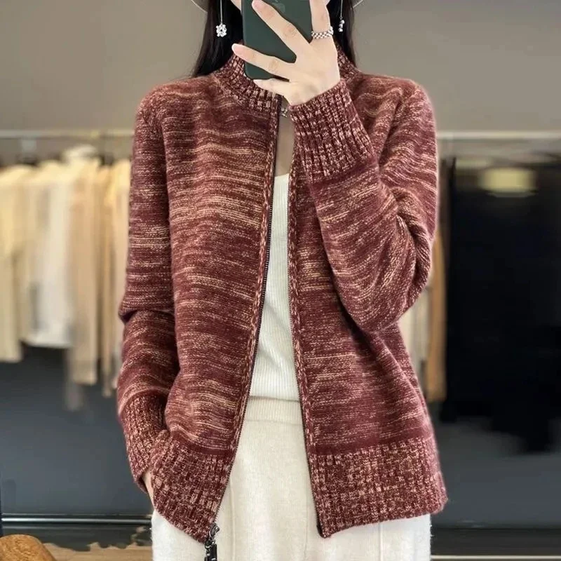 2024Autumn Winter Half-high Collar Cardigan Versatile Female Sweater Jacket Temperament Casual Women Zipper Knitted Sweater Coat