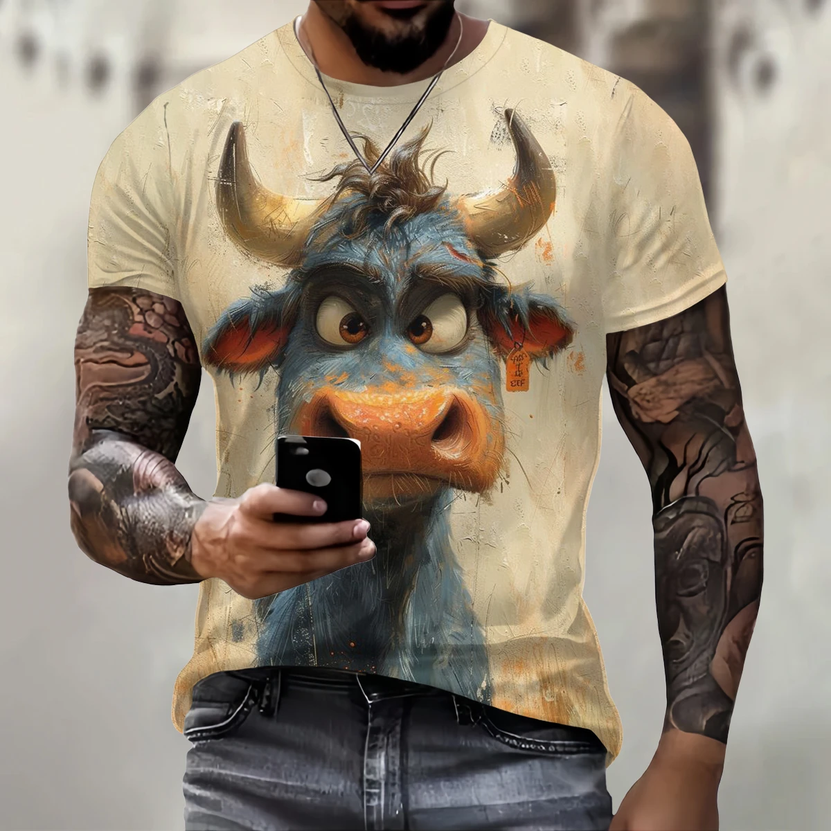 Funny 3D Cattle Print T Shirt For Men Street Trend Hip Hop Clothing Casual O-neck Short Sleeve T-Shirt Fashion Loose Summer Tops