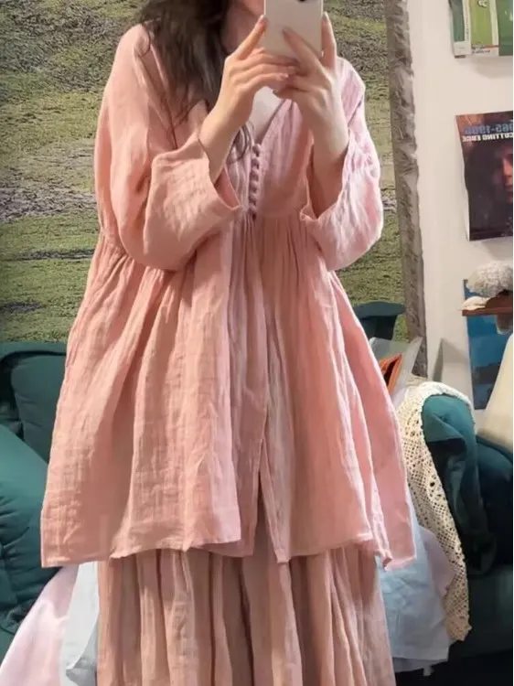 

Льняной V-Ne Pink irt, женский свободный крой, летний оригинальный дизайн, повседневная длина миди, повседневный бренд Feelings Withdn