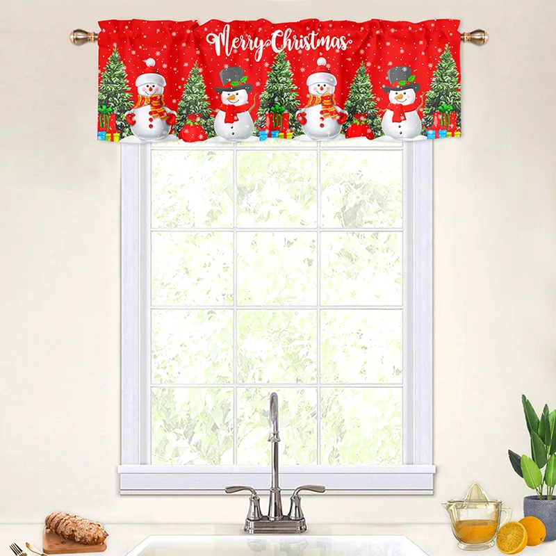 Xmas Snowman Small Curtain Home Decor Bedroom Kitchen Festival New Year Window Adornment Christmas Tree Print Short Curtain