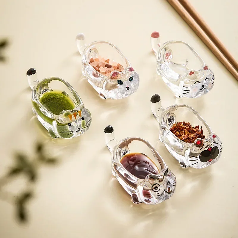 Transparent Cat Crystal Glass Seasoning Dipping Dish Creative Tomato Sauce Vinegar Dish Household Cute Snack Chopstick Holder