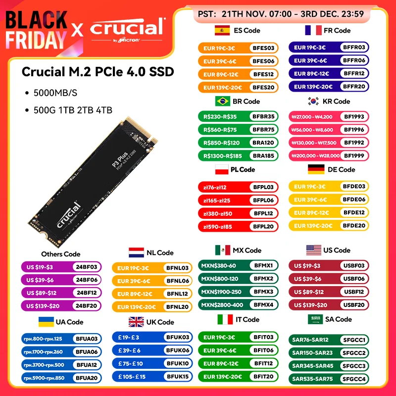 Crucial 5000MB/s SSD NVMe M.2 2280 4TB 2TB 1TB Internal Solid State Hard Disk M2 PCIe 4.0x4 2280 SSD Drive for PS5 Laptop PC