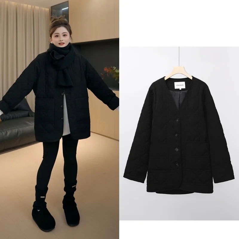 

Зимнее утепленное хлопковое пальто большого размера с V-образным вырезом для полных женщин, модная верхняя одежда