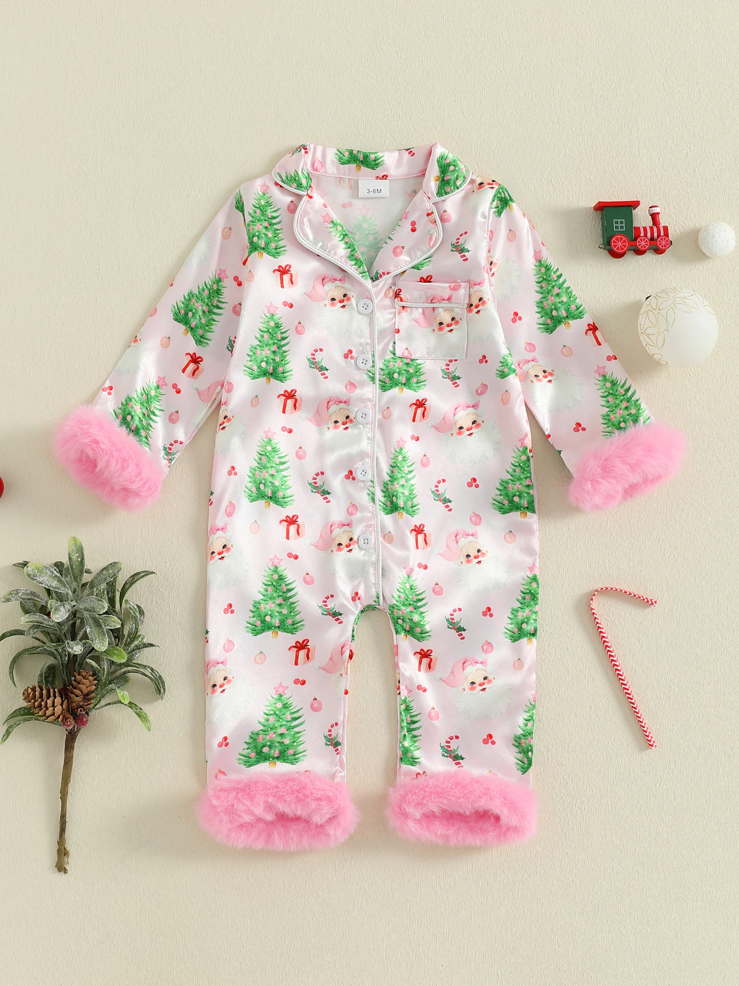 

Toddler Christmas Satin Pajamas with Reindeer Print and Faux Fur Cuffs Snap Button Closure V Neck Long Sleeve Romper