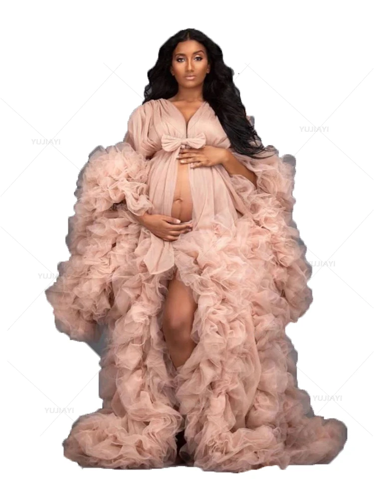 Geschwollene Tüll Umstands kleid lange Robe Schwangerschaft Frauen Kleid Nachtwäsche maßge schneiderte Braut Baby party Boudoir Pyjama Nachthemd