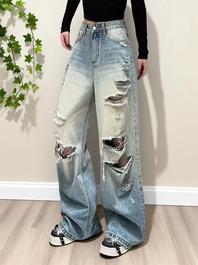 

Джинсы с эффектом омбре, широкие, с высокой талией, весенние, повседневные, с множеством прорезей, свободного кроя