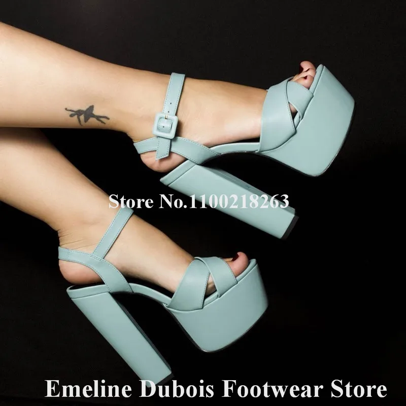 High Platform Chunky Heel Sandals Emeline Dubois Open Toe Blue Black White Matte Leather Thick Heel Party Shoes Big Size Heels