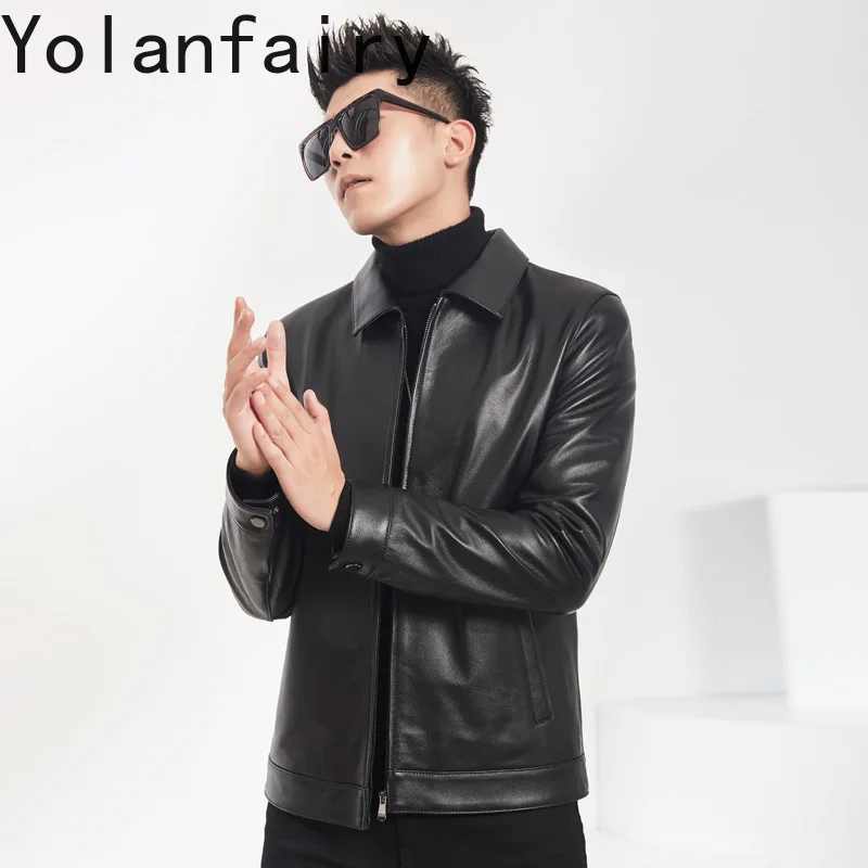 YOLANFAIRY Genuine Leather Cowhide Black Jacket  Autumn New in Jackets 2024 Turn-down Collar Coats Short Saco Hombre Casual