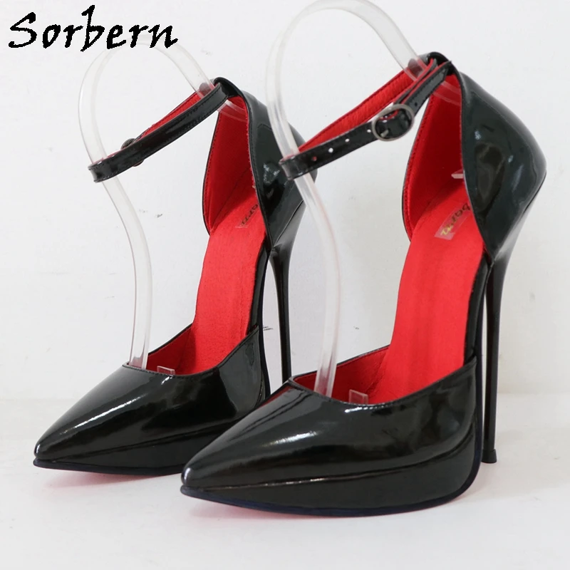 Sorbern 16Cm Steel Heel Women Pump Shoes Ankle Strap Two-Piece Pointy Toe Shoes Platform Red Lining Pump Stilettos Fetish Heel