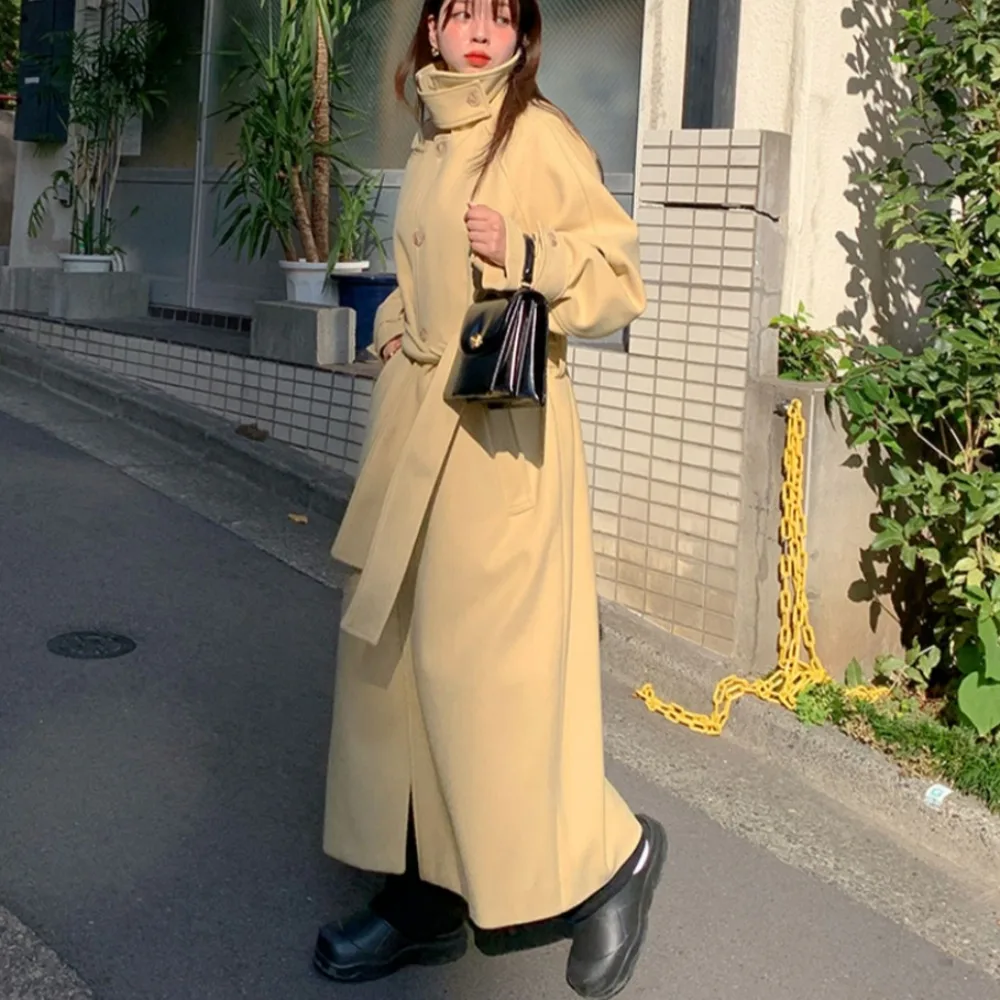 

Женское шикарное зимнее винтажное пальто с лацканами Briti Sle, повседневное свободное шерстяное пальто для ленивых, длинное свековое обычное пальто на одной пуговице