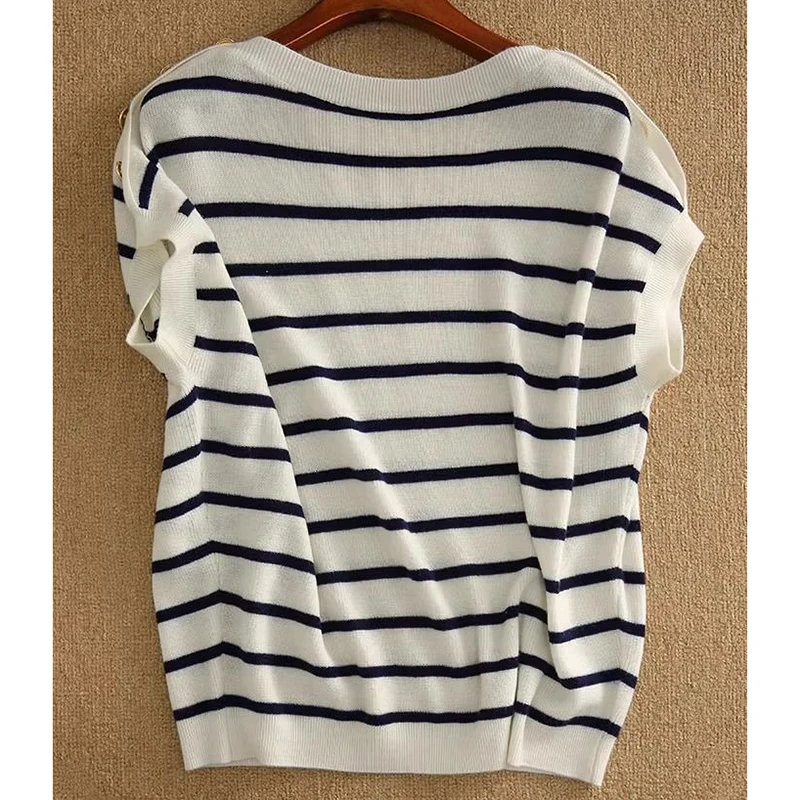 Fashion O-Neck Button Knitted Short Sleeve Striped T-Shirts Women Clothing 2024 Summer New Loose Casual Tops Commuter Tee Shirt