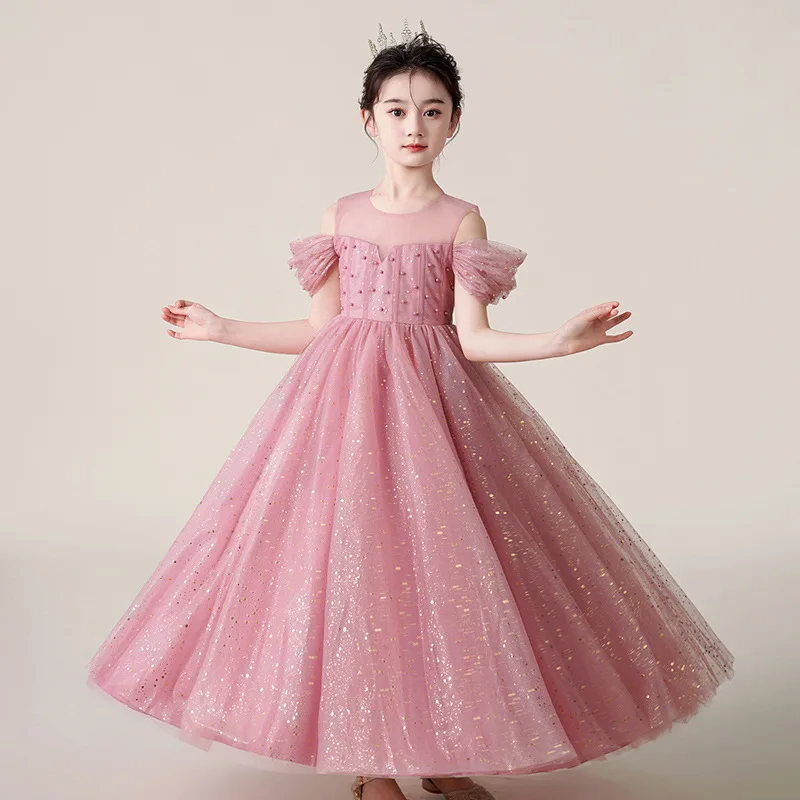 

Fashion Shining Girl Princess Dress Elegant Tulle Off-shoulder Bridesmaid Sequin Wedding Dress For Birthday Girls Party Dresses