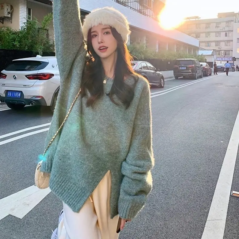 

French Sweater Women Sweater Autumn Winter New Loose Top Style Soft Round Neck Lazy Temperament Slit Sweater