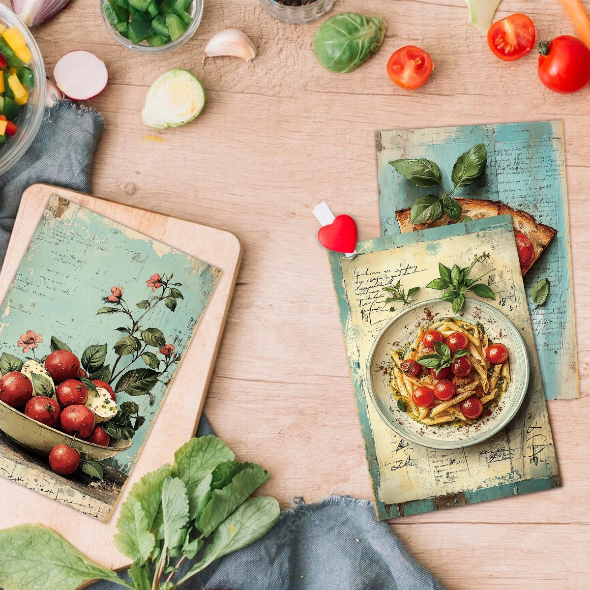 20 Stück Vintage-Postkarten mit Lebensmittelmotiven, italienische Küche als Themen, ästhetischer blauer Stil für Scrapbook, Küchendekoration, Collage-Kunstkarten – Detail 5