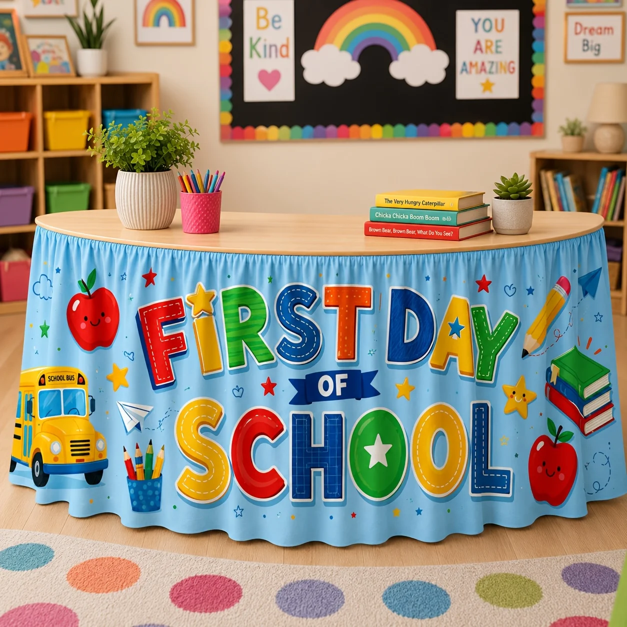 The theme of the first-day-of-school table skirt design includes school buses,pencils,and educational back-to-school decorations