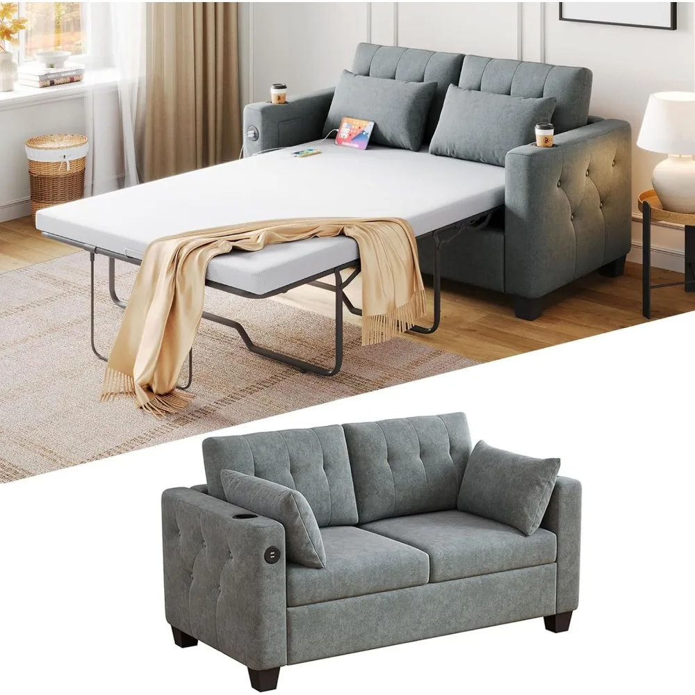 

Convertible Queen Sofa Bed with Memory Foam Mattress and Wooden Frame