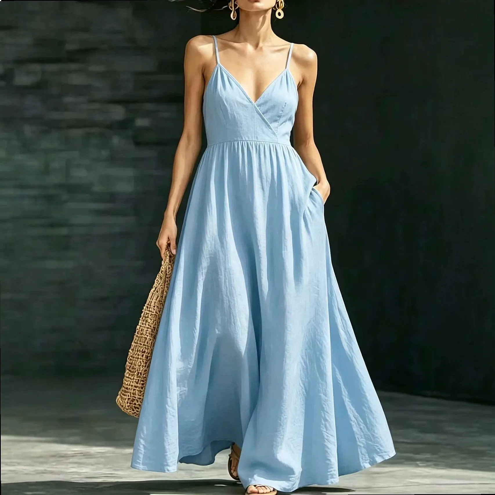 Women's V Neck Sleeveless Dress with Pockets Summer Elegant Jumpsuit Playsuit Matching Set
